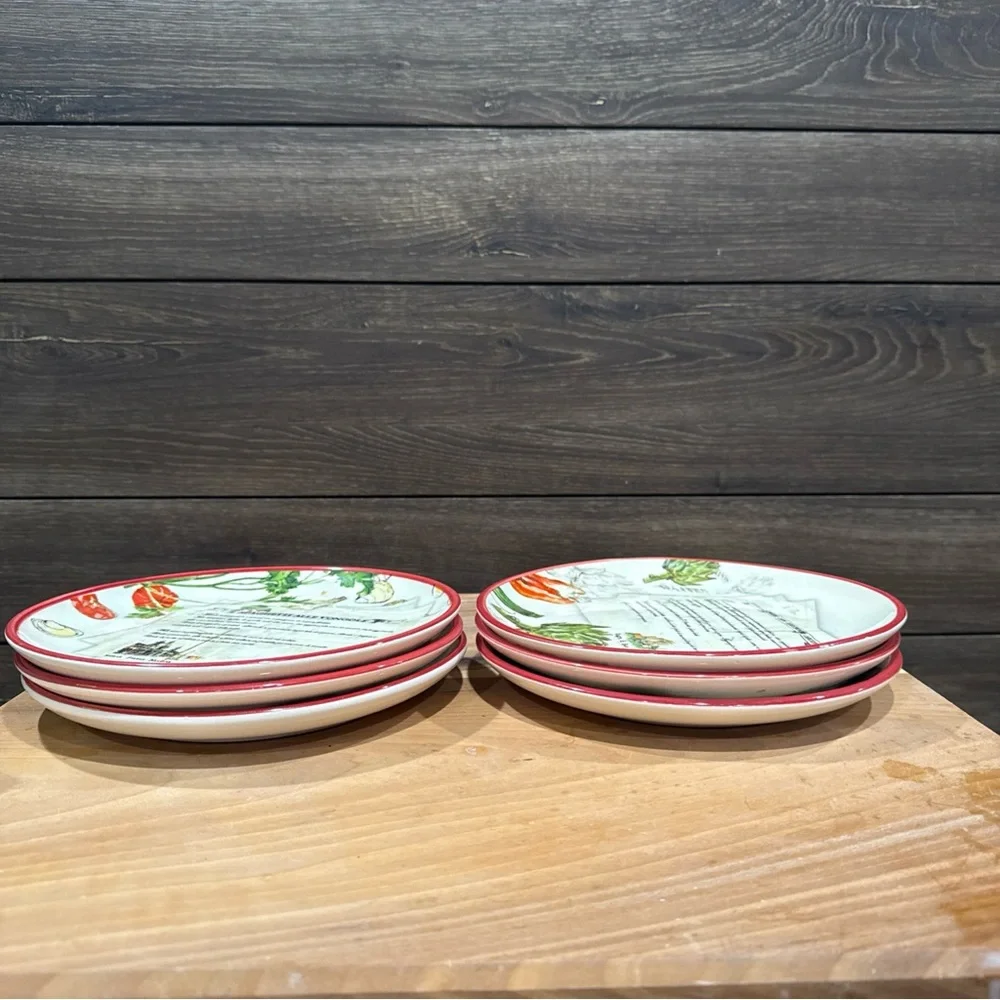 Williams Sonoma Ceramic Recipe Salad Plates with Red Rims  (Set of 6)